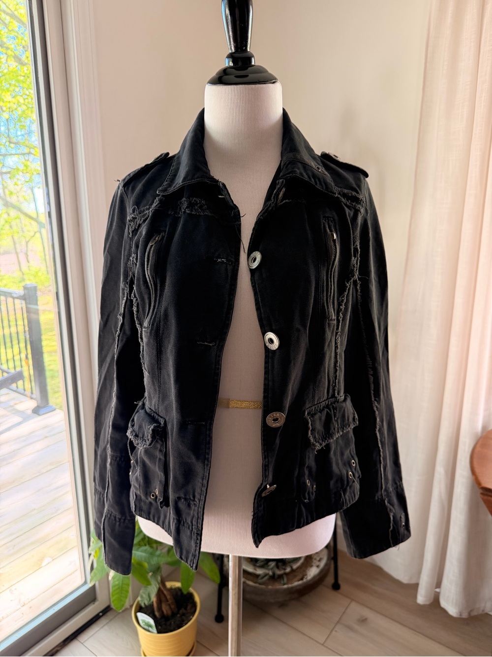 Women's Black Distressed Utility Jacket-Large